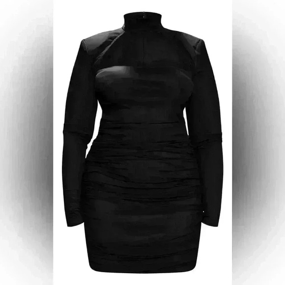 Plus Black Mesh Cut Out Detail Shoulder Pad Bodycon  Dress - Picture 3 of 3